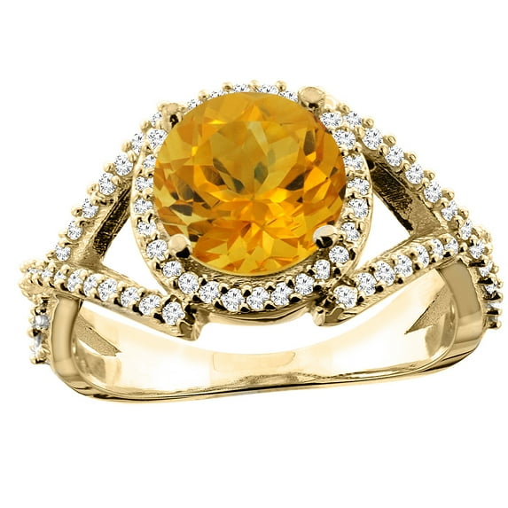 10K Yellow Gold Natural Citrine Ring Round 8mm Diamond Accent, size 5