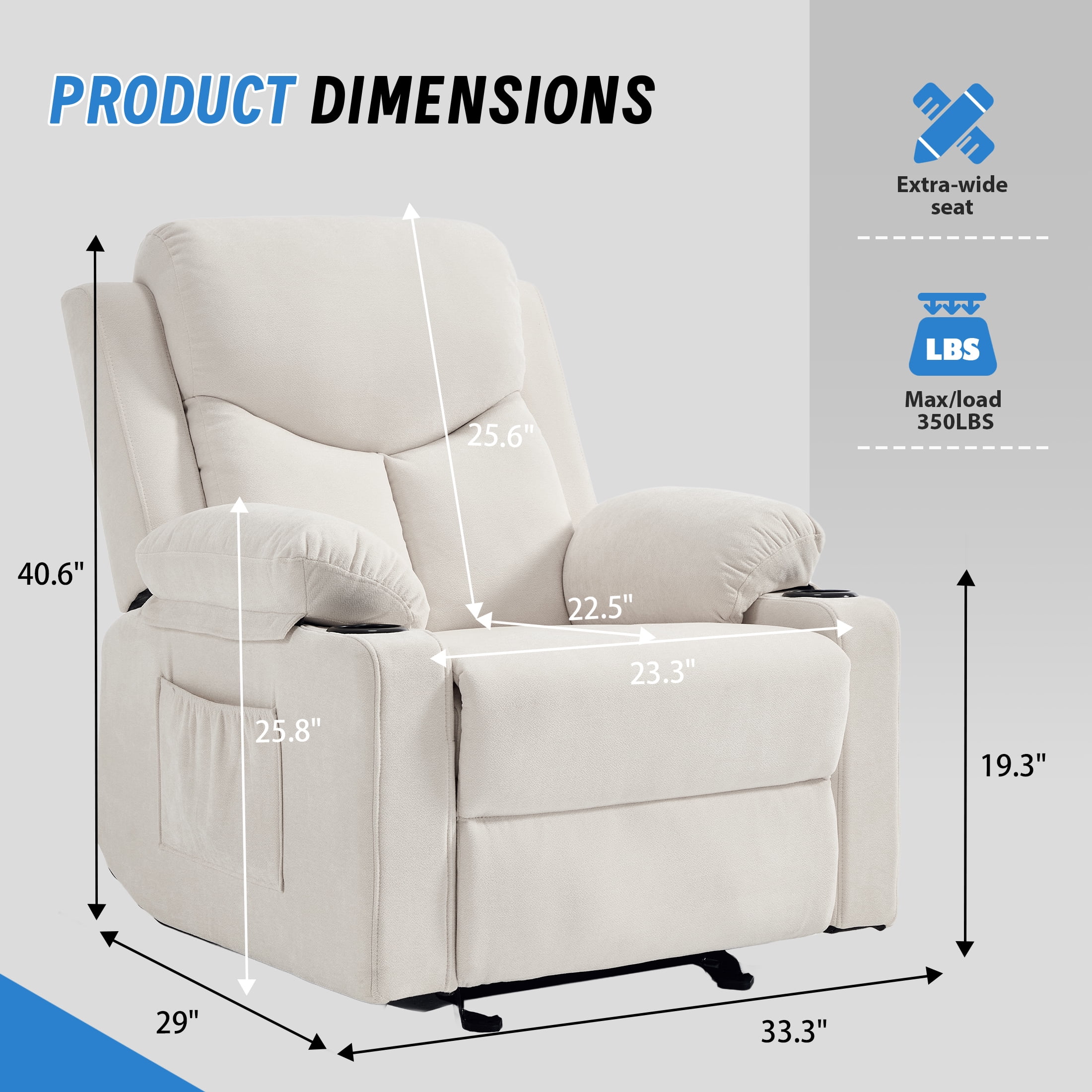 Manual Rocker Recliner Chair for Adults with Vibration Massage,Glider Rocking Recliner Chairs for Living Room Bedroom Overstuffed Soft Reclining Sofa Chair with Pockets and Cup Holds (Beige)