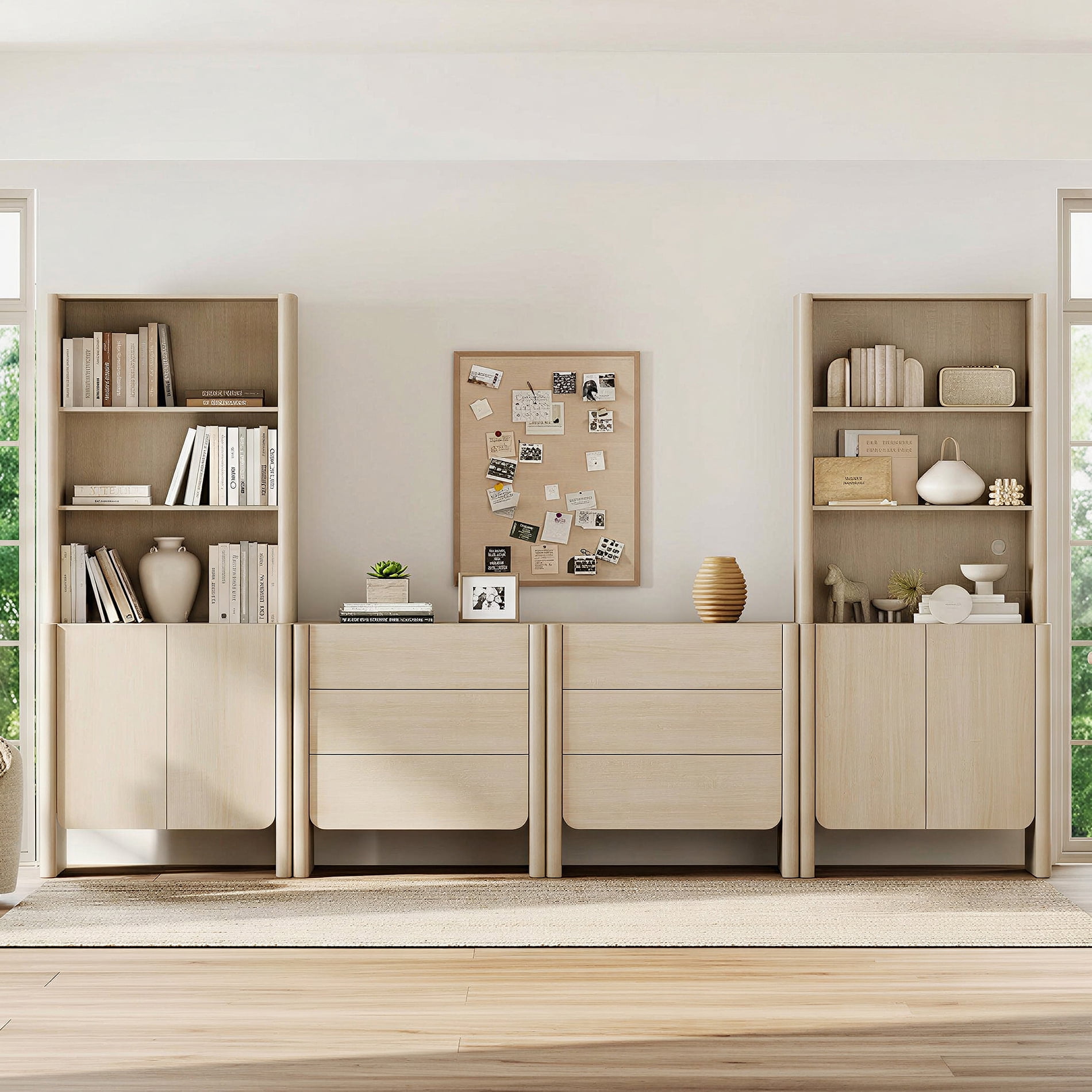 Modern French TV Stand with Bookshelves, 126-Inch Media Console, Doors, Drawers and Open Shelving, Supports TVs up to 70 Inches, Beige
