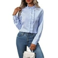 thumbnail image 3 of Women'S Striped Button Front Shirts Mock Neck Long Sleeve Office Blouse Tops Blue S, 3 of 9