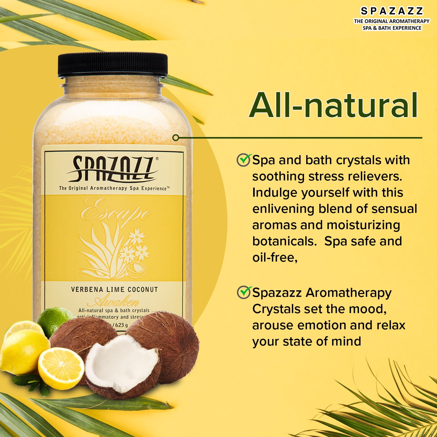 Spazazz Aromatherapy Escape Verbena Lime Coconut Awaken Spa and Bath Crystals 22 oz - Relaxing Soak for Hot Tubs & Bathtubs