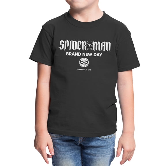 Marvel Spider-Man Brand New Day Youth Classic Title Text T-Shirt (Black, XS-XL)