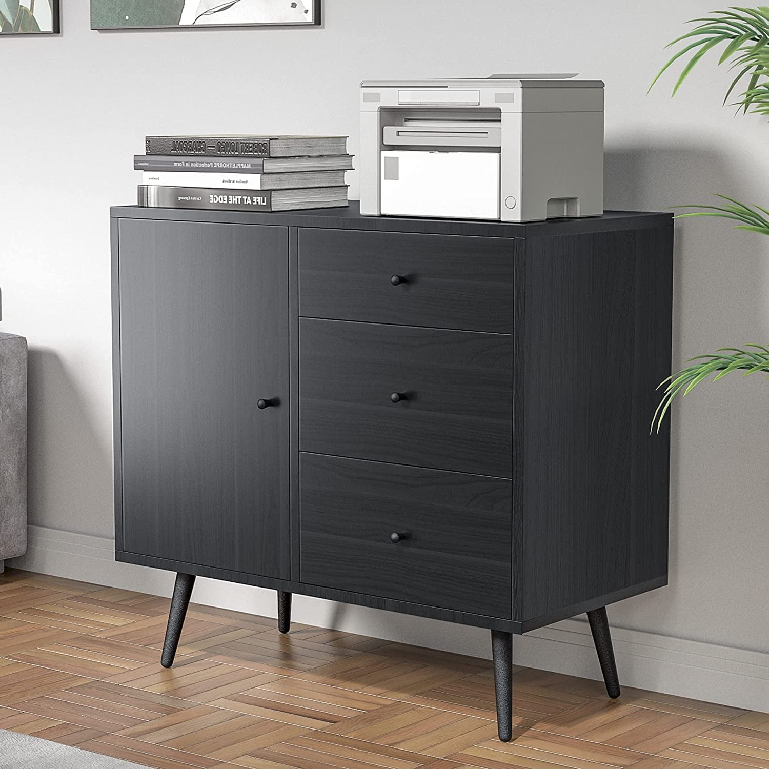 Cozy Castle Black Wood Sideboard Accent Buffet Storage