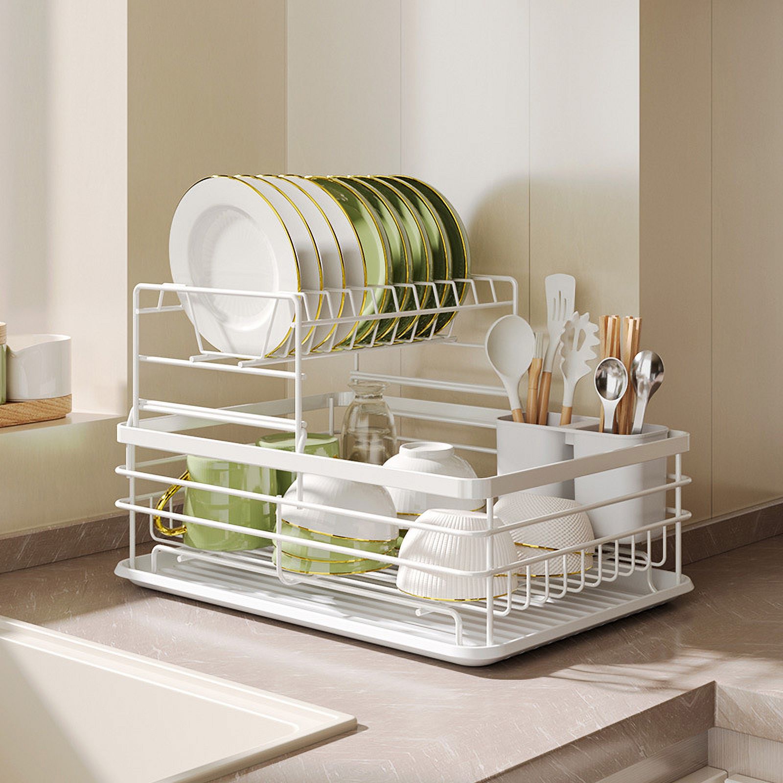 2-Tier Dish Drying Rack with Tray Utensil Holder, Dish Drainer for Kitchen Counter Organizer Storage