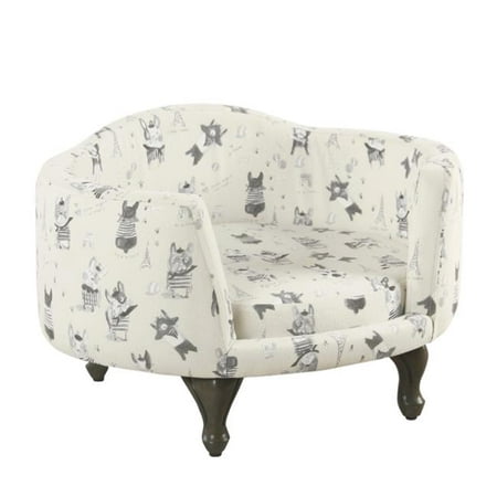Wooden Pet Bed with French Bulldog Print Fabric Upholstery, Cream and