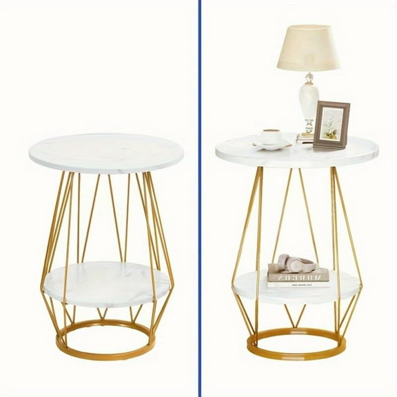 Wehom Stylish Faux Marble Side Table Sofa Table Side Table Sleek 2 Tier Round Accent Table with Gold Metal Frame Perfect for Living Room Bedroom Decoration