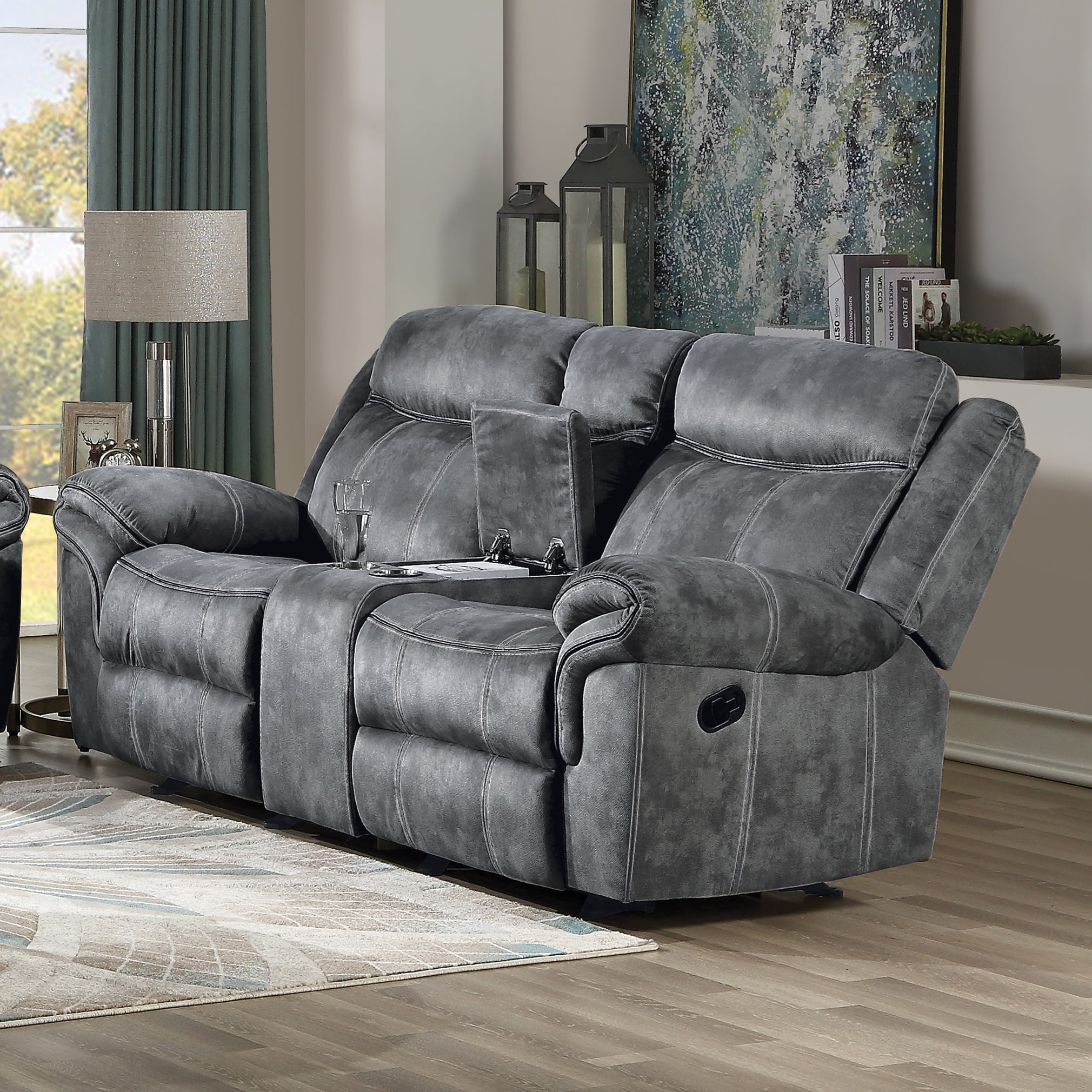 Bornmio ACME Zubaida Loveseat w/Console (Glider & Motion), 2Tone Gray Velvet 55026