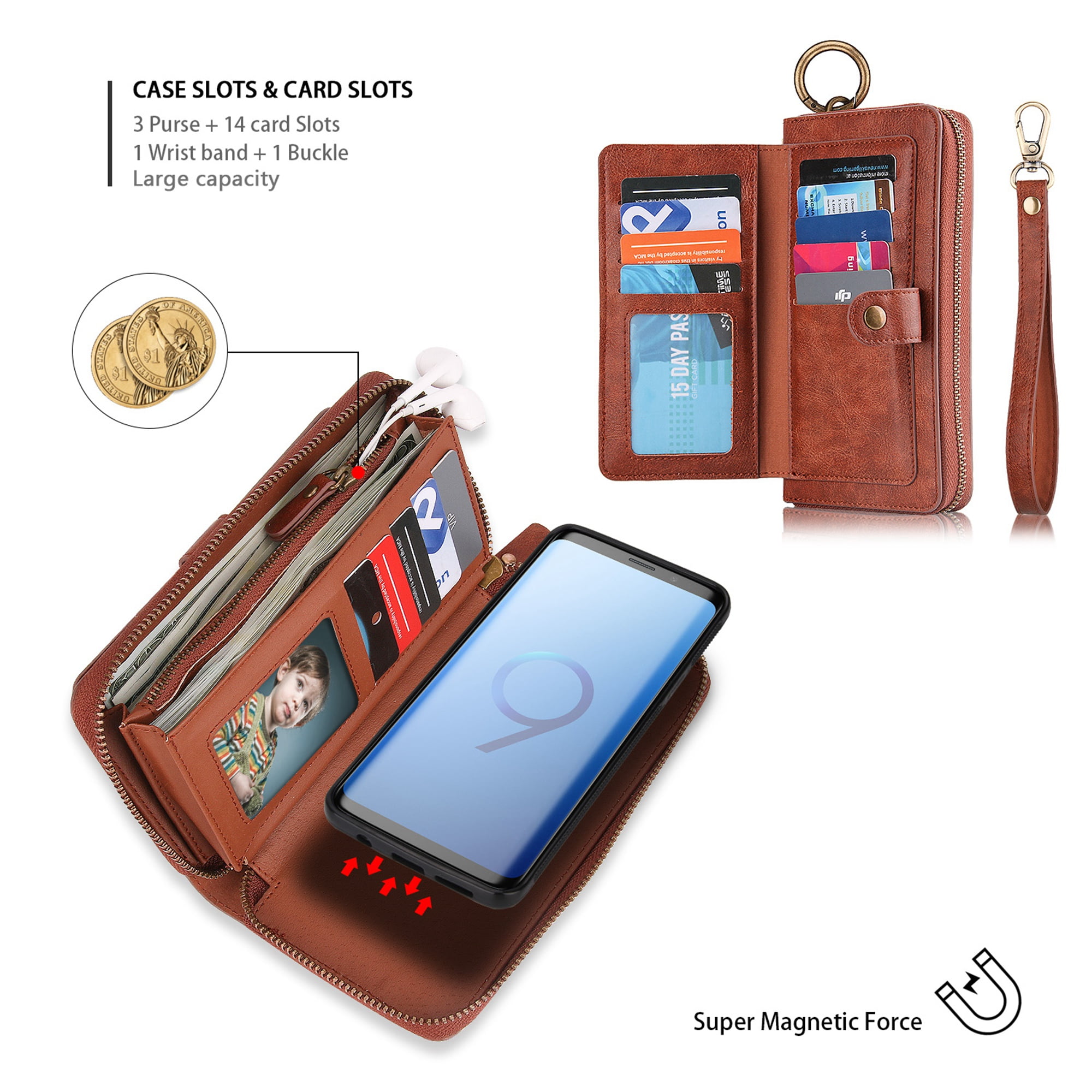 Galaxy S9 Wallet Detachable Case, Dteck [wrist band][14 Card Slots] Zipper Purse Phone Case Multi-functional Folio Flip PU Leather Removable Magnetic Back Cover For Samsung Galaxy S9,Brown