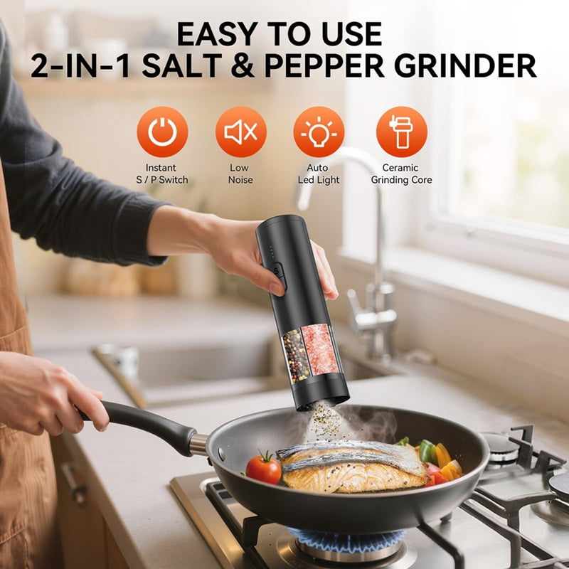 2in1 Electric Salt and Pepper Grinder Set, USB Rechargeable, Automatic Salt and Pepper Mill Shakers with LED Light