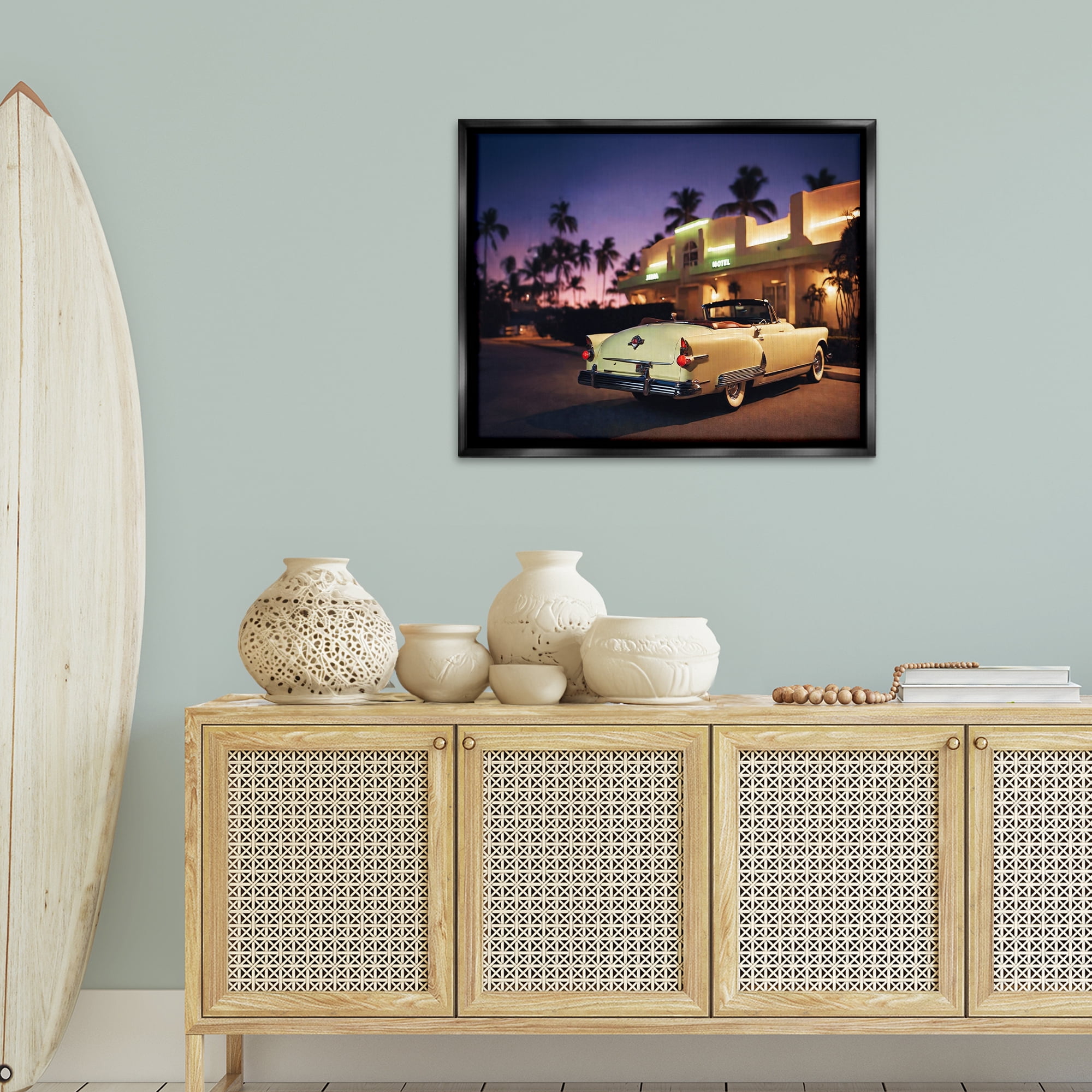 Stupell Industries Antique Car Tropical Motel Transportation Painting Black Floater Framed Canvas Art Print Wall Art, 31 x 25