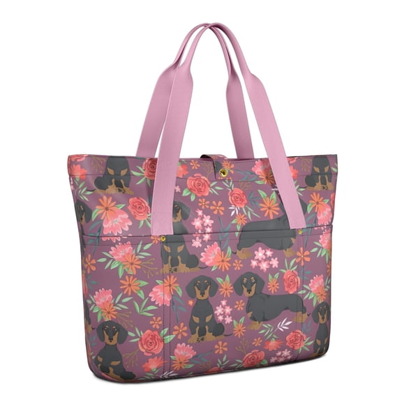 Tote Bag for Women - Dachshund Dog and Flower Floral Shoulder Bag - Large Utility Work Duffle Bag with Zipper Handbag for Travel, Work, Sprots