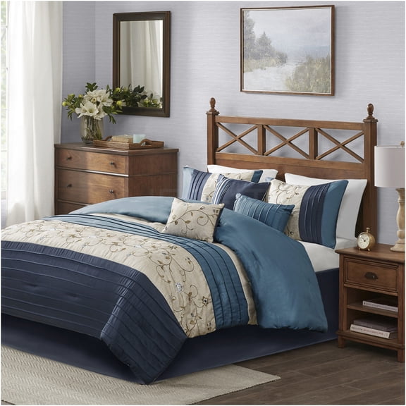 JERFIT Navy Floral Embroidered 7-Piece California King Comforter Set, Luxury Polyester Bedding Ensemble with Shams, Bed Skirt & Decorative Pillows