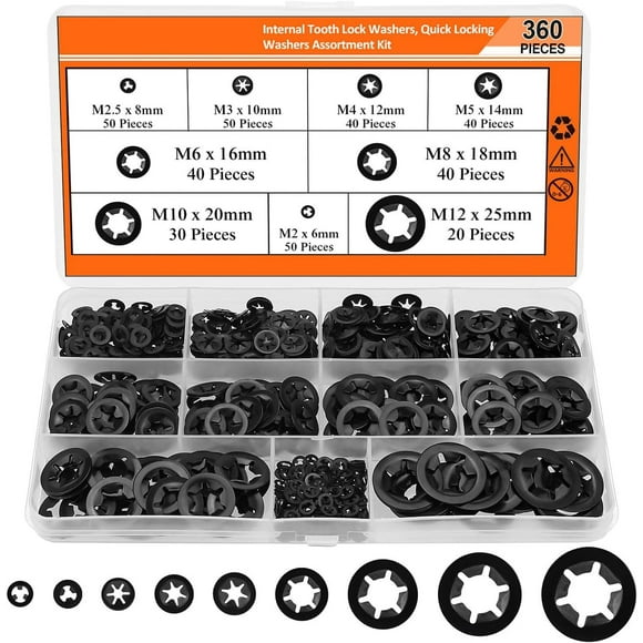 360Pcs 9 Sizes Internal Tooth Star Lock Washers Quick Speed Locking Washers Push on Locking Washer