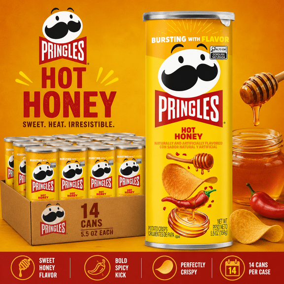 Pringles Hot Honey Potato Crisps Snack Chips, 5.5 oz Cans, 14 Count Multipack