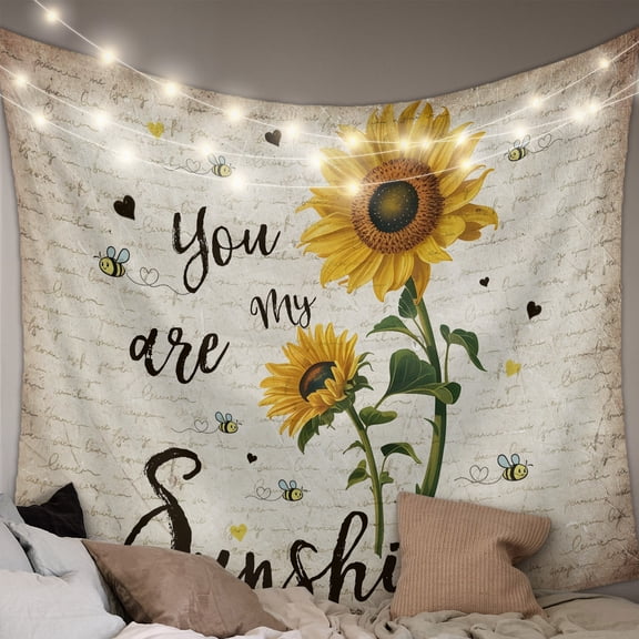 Yellow Sunflower Tapestry for Bedroom Wall Hanging Tapestry, Summer Vintage Flower Bee Sunshine Ceiling Backdrop Tapestries Poster Blanket Wall Decor for Teens Room Living Room Dorm 51" x 59"