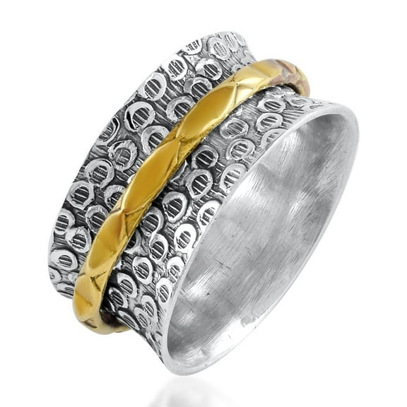 Sechi Spinner Ring, Sterling Silver with Brass Accent, Textured Pattern Woman's Jewelry