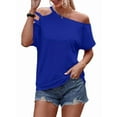 thumbnail image 3 of Women'S Off the Shoulder Top Short Sleeve Cutout Asymmetrical Neck T Shirt Blue XXL, 3 of 4
