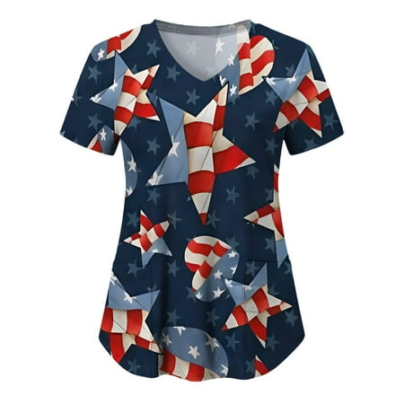 

Women Casual Independence Day Printed Short Sleeve Pocket Loose Top V-Neck Pocket Top Scrubs Top Uniform Nurses Clothing Workwear Ladies Clothing