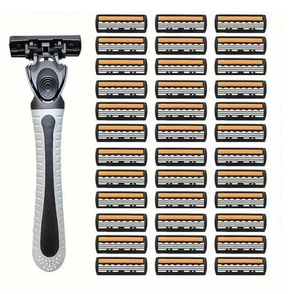 Men's 3-Blade Razor Set, 36 Replacement Razor Cartridges with Handle, Ergonomic Grip, Facial Shaving Kit