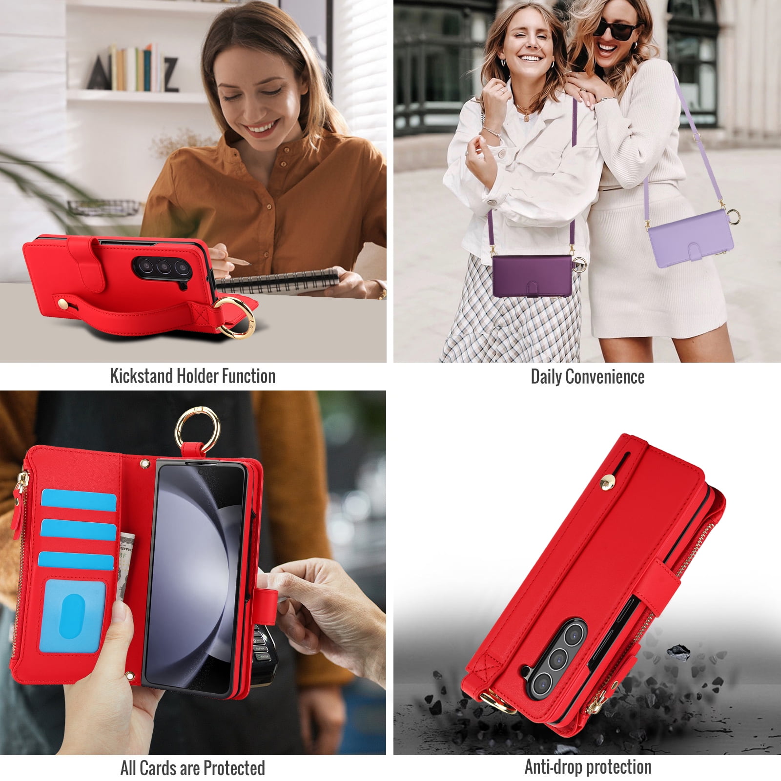 ChicShell Wallet Flip Case for Samsung Galaxy Z Fold 7, RFID Blocking Cards Slots Zipper Pocket Hand Strap Shockproof Stand Phone Case Cover with Crossbody Lanyard for Women Girls, Red