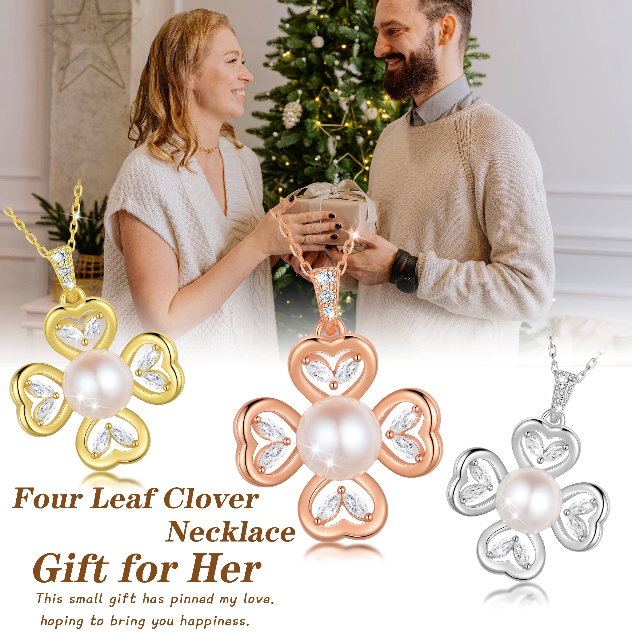 Fasjewly 925 Sterling Silver Heart Clover Pearl Necklace, Natural 7mm Pearl Pendant Jewelry Gift for Women, Birthday Anniversary Christmas Gift for Mom/Wife