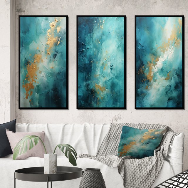 Designart "Turquoise Calm IV" Abstract Landscape Framed Wall Art Set Of 3 - Teal Landscapes Frame Canvas Set For Living Room Decor
