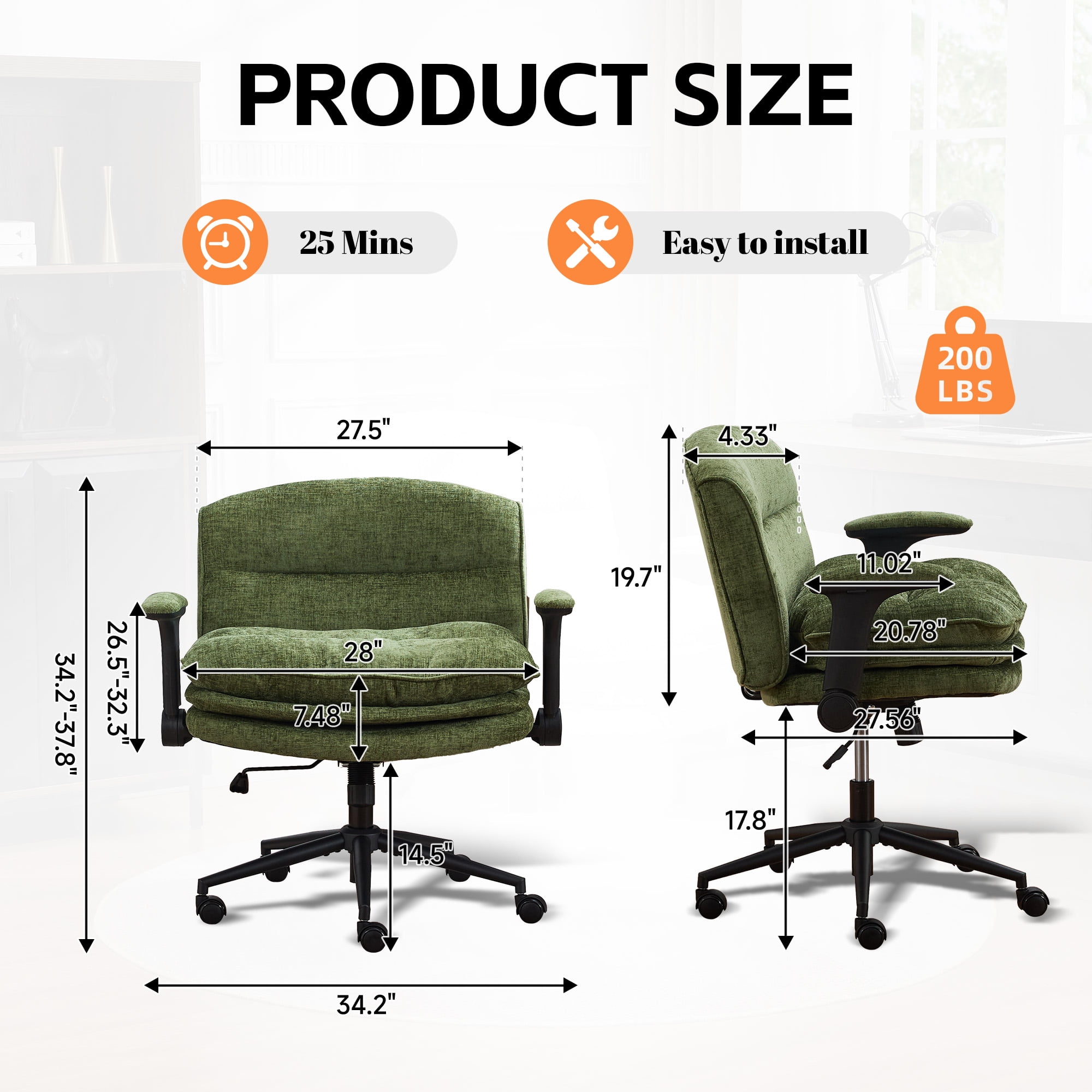 DOMICARE Criss Cross Chair with Flip-Up Arms, Wide Cross-Legged Office Chair with Wheels, Swivel Vanity Desk Chair, Green Chenille