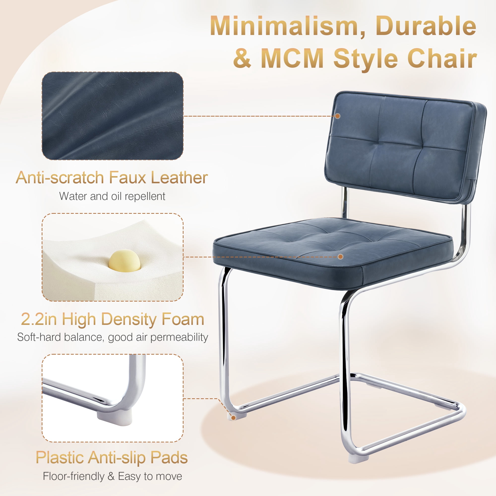 ONEVOG 19.3'' Mid-Century Modern Dining Chairs Set of 2, Faux Leather Cantilever Kitchen Chairs with Chrome Legs for Kitchen Dining room, Blue