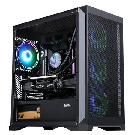 SAMA MATX/ITX Computer Case Tempered Glass Panel with 4 x ARGB Fans TYPE-C PC Gaming Case Black
