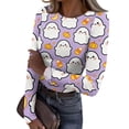 thumbnail image 2 of Halloween Long Sleeve Shirts for Women Slim Novelty Pumpkin Ghost Tunic Tops Holiday Spring Day Crew Neck Ribbed Basic Tees Purple Pink XL, 2 of 6