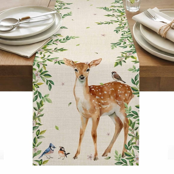 Botanical Table Runner - 36 Inch Long, Kitchen Dining Table Runner Dresser Scarves, Spring Leaves Flowers Deers Birds Country Biege Farmhouse Decor for Coffee Tables Wedding Party Banquet