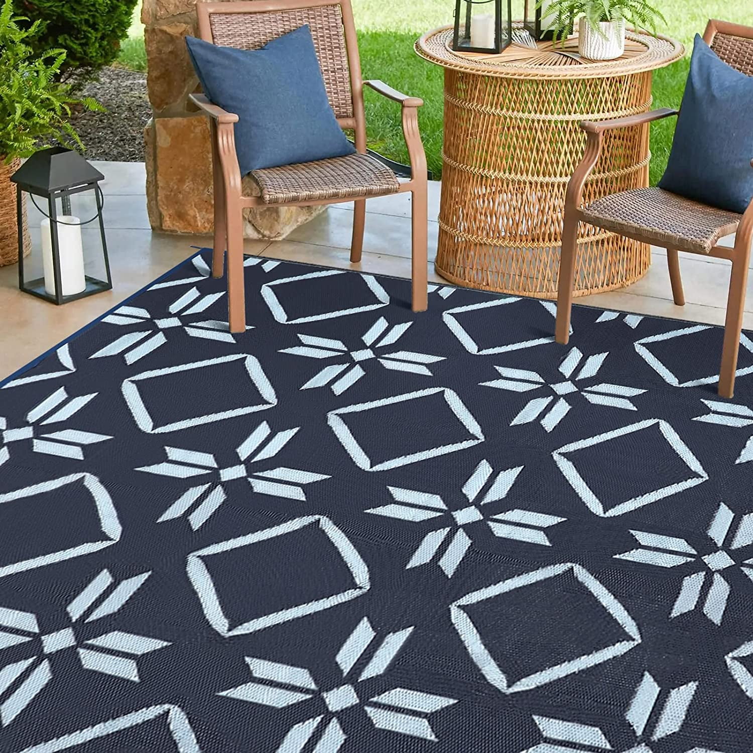 Kohree Outdoor Plastic Straw Rug 9'x12' ,Waterproof Mat with 4 Corner Loops Indoor Outdoor for RV, Camping, Deck ,Balcony(Blue)