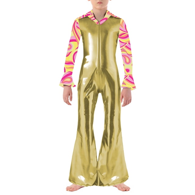 iiniim Combinaison Pantalon à Pattes d'Éléphant Zippée Imprimée Patchwork pour Garçons, Tenue de Fête Disco, pour Performance sur Scène, Or 12
