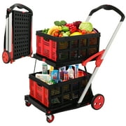 Folding Shopping Cart with Wheels, Collapsible Cart with 2 Storage Crates, 2-Layer Utility Carts, Grocery Shopping Cart with Removable Basket for Shopping, Picnic