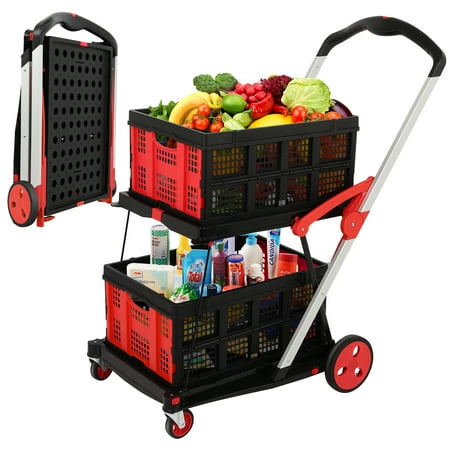 Folding Shopping Cart with Wheels, Collapsible Cart with 2 Storage Crates, 2-Layer Utility Carts, Grocery Shopping Cart with Removable Basket for Shopping, Picnic