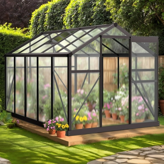 Seizeen Greenhouse for Outdoor,6x8FT Large Walk-in Green House, Polycarbonate Greenhouse Kit Heavy Duty Aluminum Frame, Skylight, Sliding Door, Side Gutter