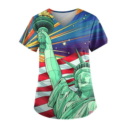 

Pejock Women s Pocket Scrub Top Independence Day Print Short Sleeve V-Neck Wrap Scrubs Soft Stretch Nursing Workwear Blouse Shirt Army Green 5XL (US Size:18)