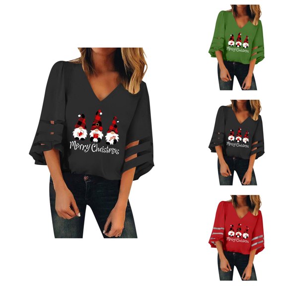 Merry Christmas Shirts for Women Half Sleeve V Neck Casual Xmas Gnomes Graphic T Shirts Holiday Tops