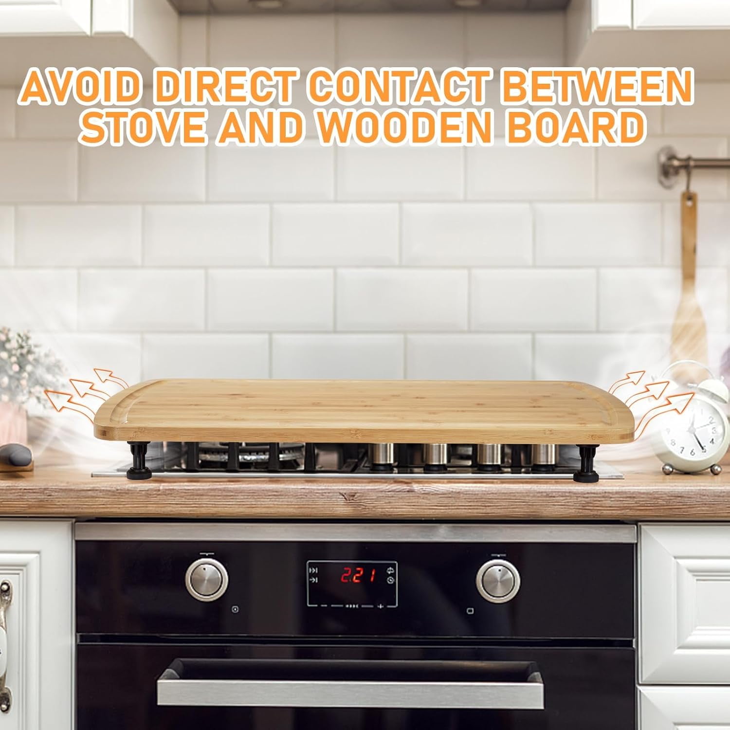 Carbonized Bamboo Stovetop Cover & Cutting Board 30"x21" - 0.8" Extra Thick Board with Feet, Juice Grooves & Heat Resistant Legs for RV, Kitchen Island & Counter