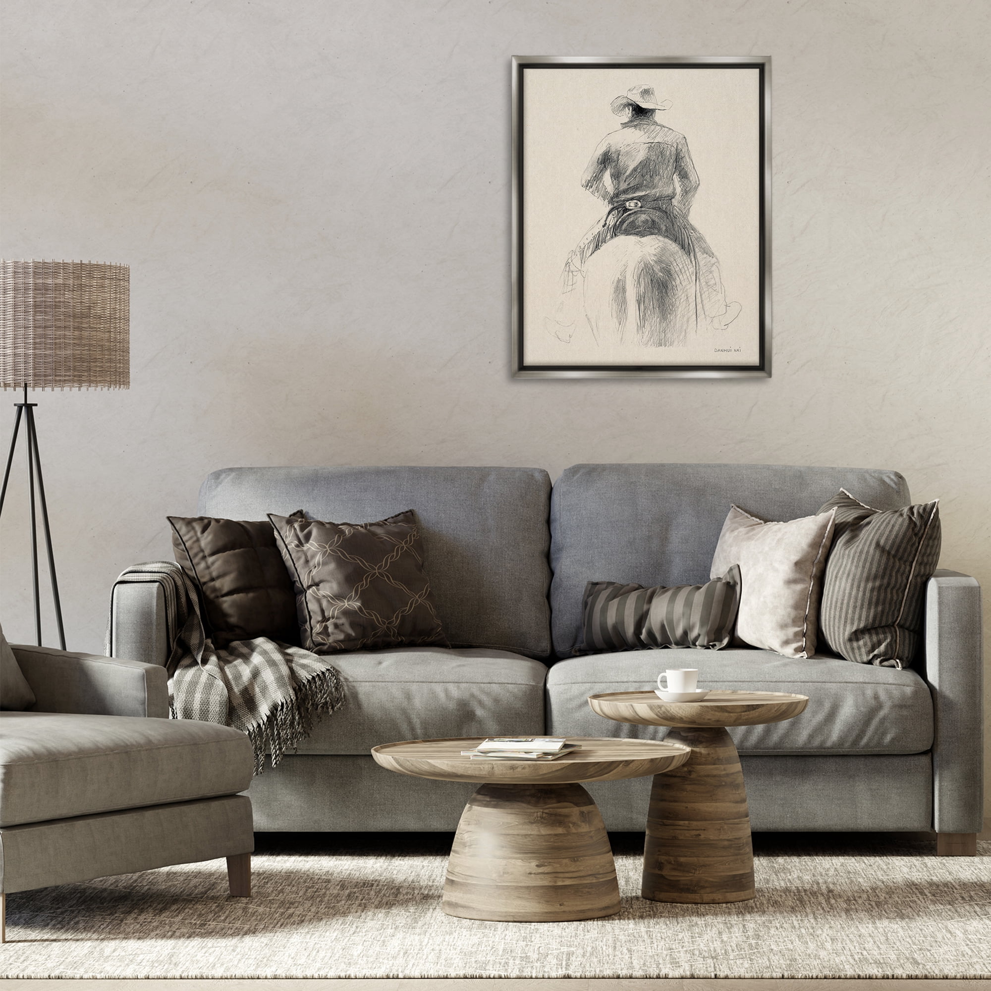 Stupell Industries Traditional Drawing of Cowboy People Drawing Gray Floater Framed Canvas Art Print Wall Art, 25 x 31