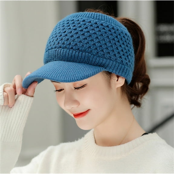 Bovemsi Women's Knitted Visor Beanie Hat – Warm Winter Wool Cap with Adjustable Strap, Blue, One Size