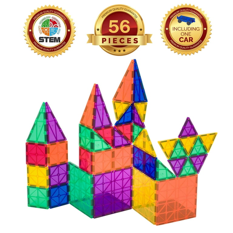Playmags Magnetic Tiles Building Set 56 Pcs Set with Car - Super Durable  Magnet Blocks, STEM Development Kids Building Toys for Boys Girls & Toddlers