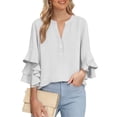 thumbnail image 4 of ClodeEU Womens Ruffle 3/4 Sleeve Blouse Tops ,V Neck Business Casual Blouses Shirts with Buttons White,Womens Plus XL, 4 of 6