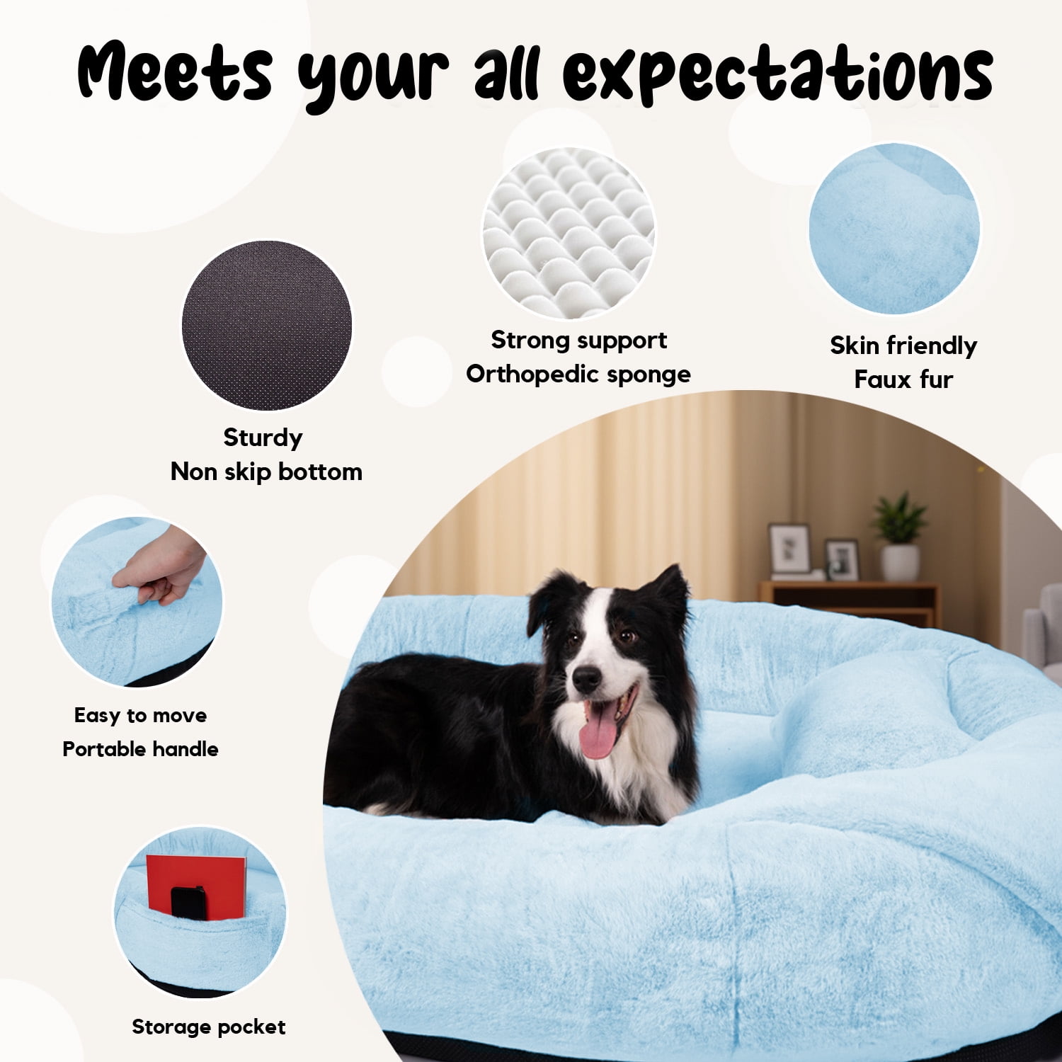 Human Dog Bed for Pets and Adults, 71"x45"x14" Human Size Giant Dog Pets Bed, Washable Faux Fur Cover for Humans with Blanket and Pillow,blue