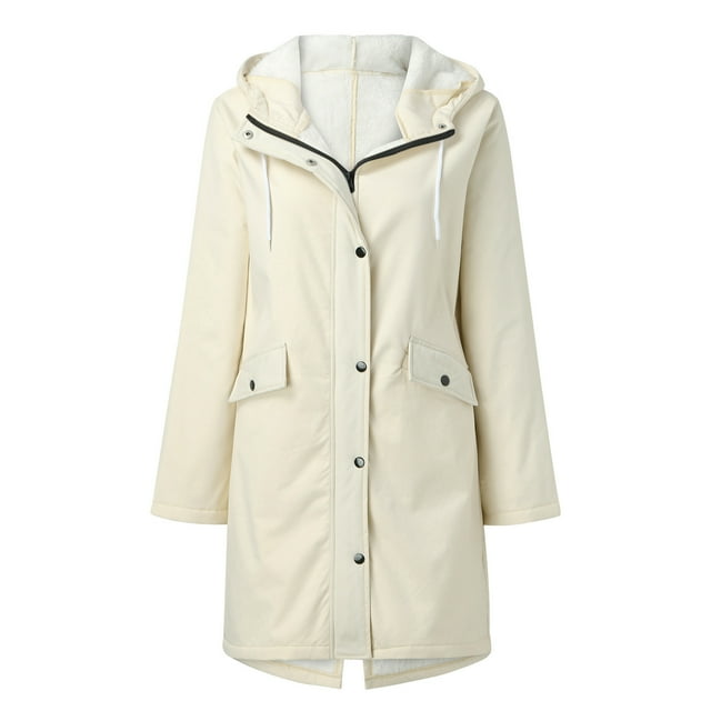 LSLJS Women Solid Rain Jacket Outdoor Fleece Keep Warm Plus Hooded Raincoat Windproof Jackets Solid Outwear( Beige, XXL)