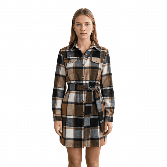 Women Plaid Polyester Shirt Dresses, Casual Color Block Long Sleeve Fake Pocket Belted Woolen-Look Mini Shirt Dress