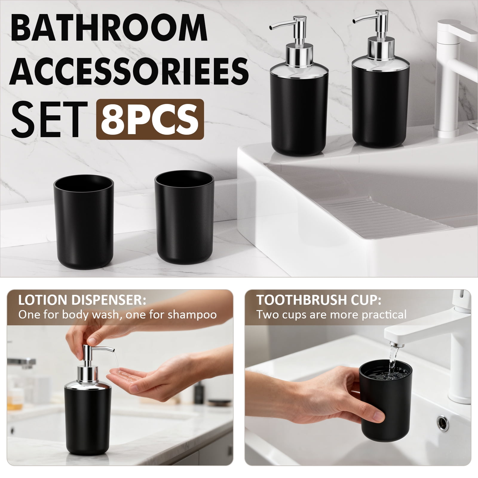 Yeabett 8 Pieces Bathroom Accessory Set, Bath Sets with Trash Can, Soap Dispenser and Toothbrush Holder, Soap Dish,Toilet Brush Holder for Home Washing Room