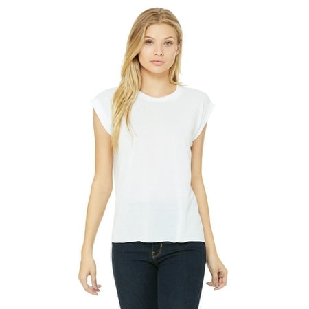 Bella Canvas Womens Flowy Rolled Cuffs Muscle Tee, XL, White