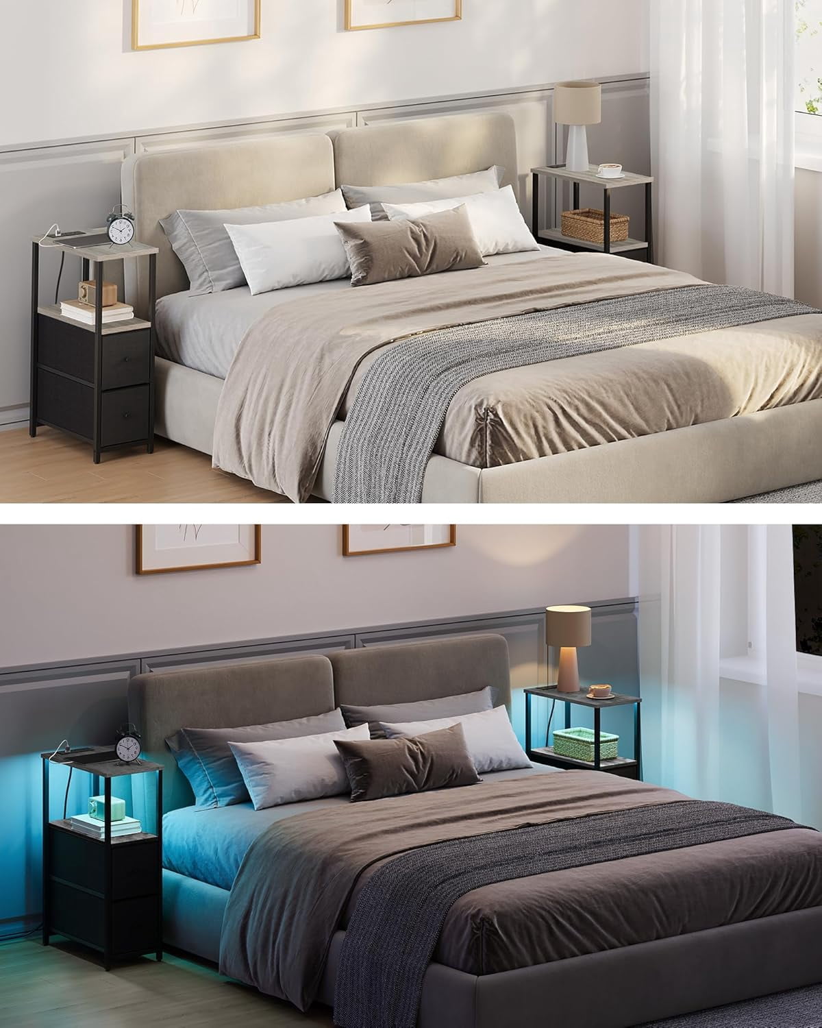 Small Narrow LED End Table with Charging Station, Side Table Outlets, Nightstand with 2 Cloth Drawers, Set of 2, Couch Table, for Living Room, Bedroom, Bedside, Greige