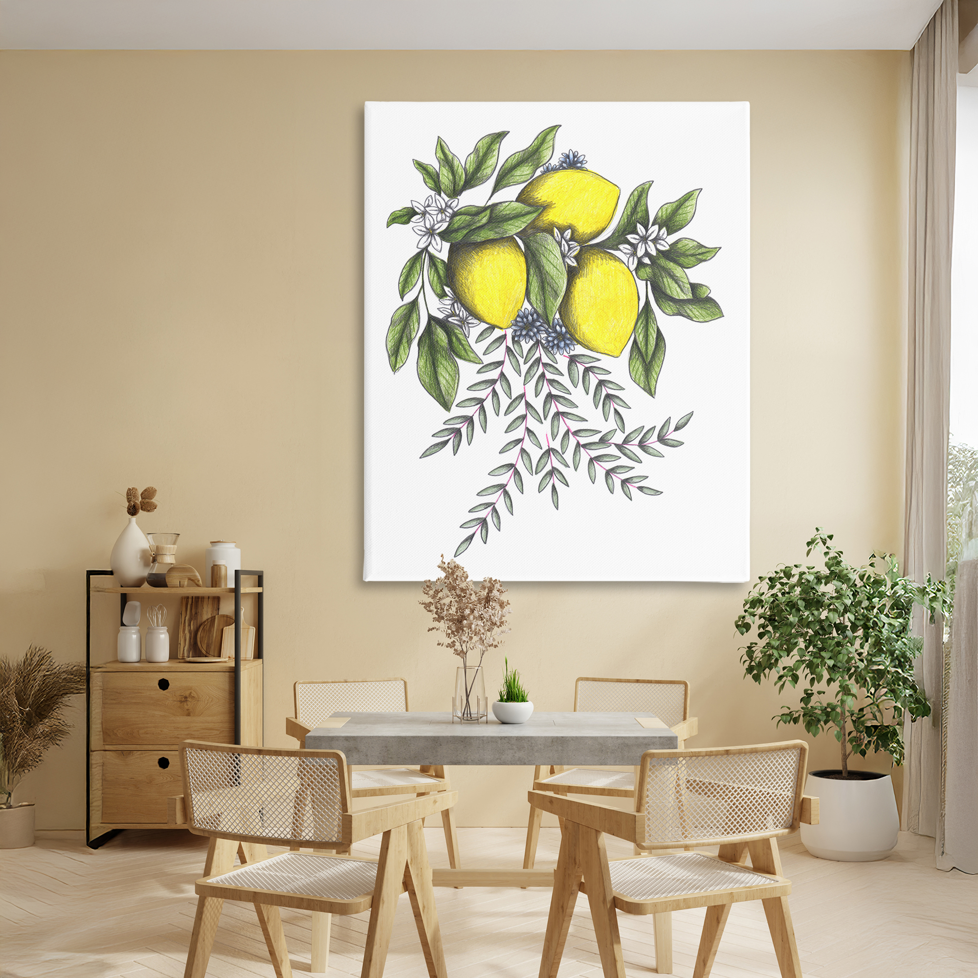 Lemons & Flowers Vintage Sketch Canvas Wall Art, design by Cecilia Battaini